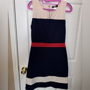 Sleeveless Navy and Beige Colorblock Mini Dress with Orange Waistband